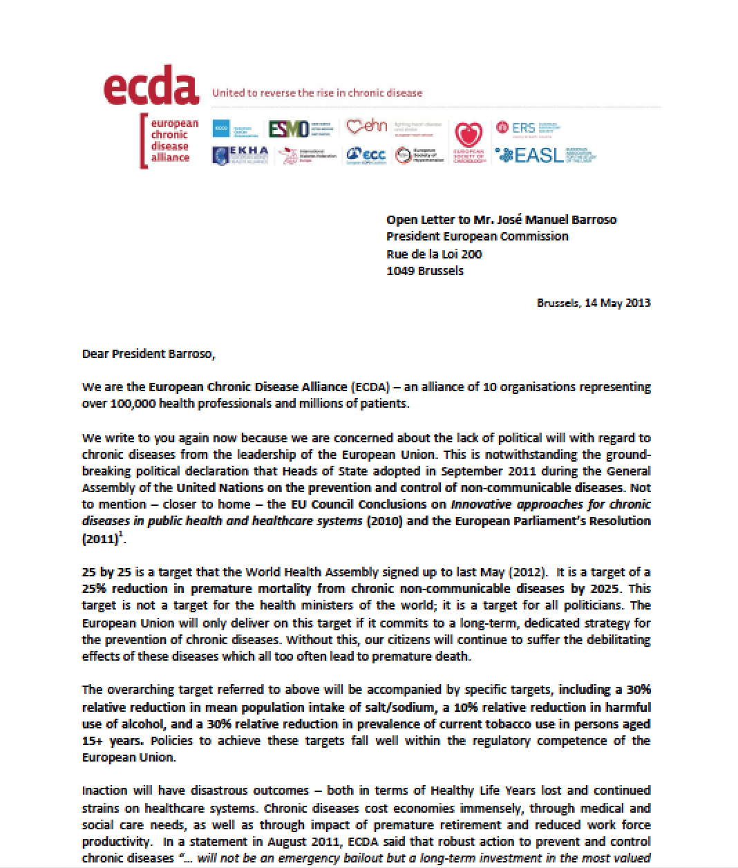 European Chronic Disease Alliance open letter to EU Commission